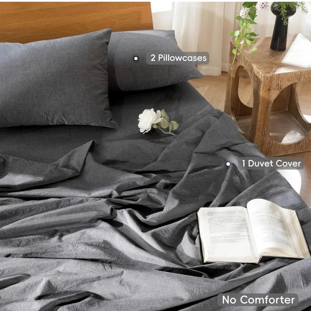 MooMee Bedding Duvet Cover Set 100% Washed Cotton Linen Like Textured Breathable